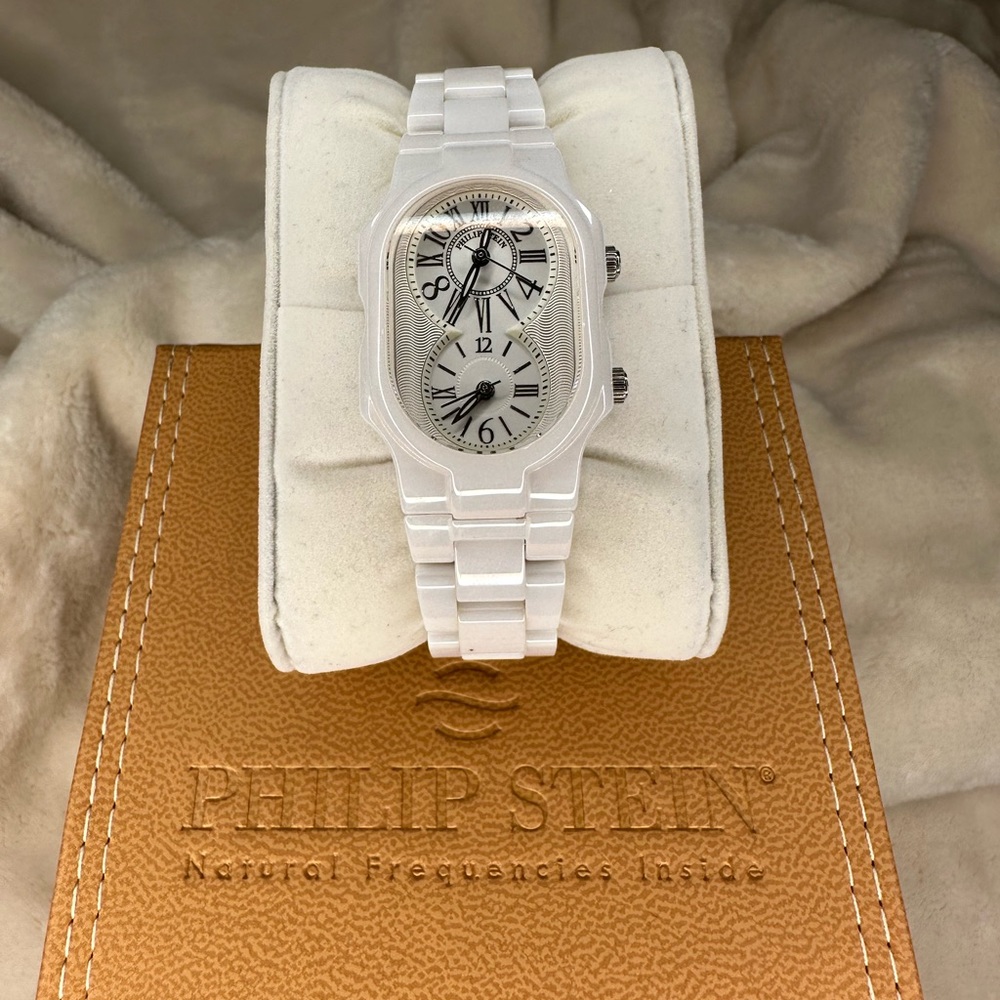 New Philip Stein Ladies' Signature White Ceramic Dual Time Zone Wellness Watch